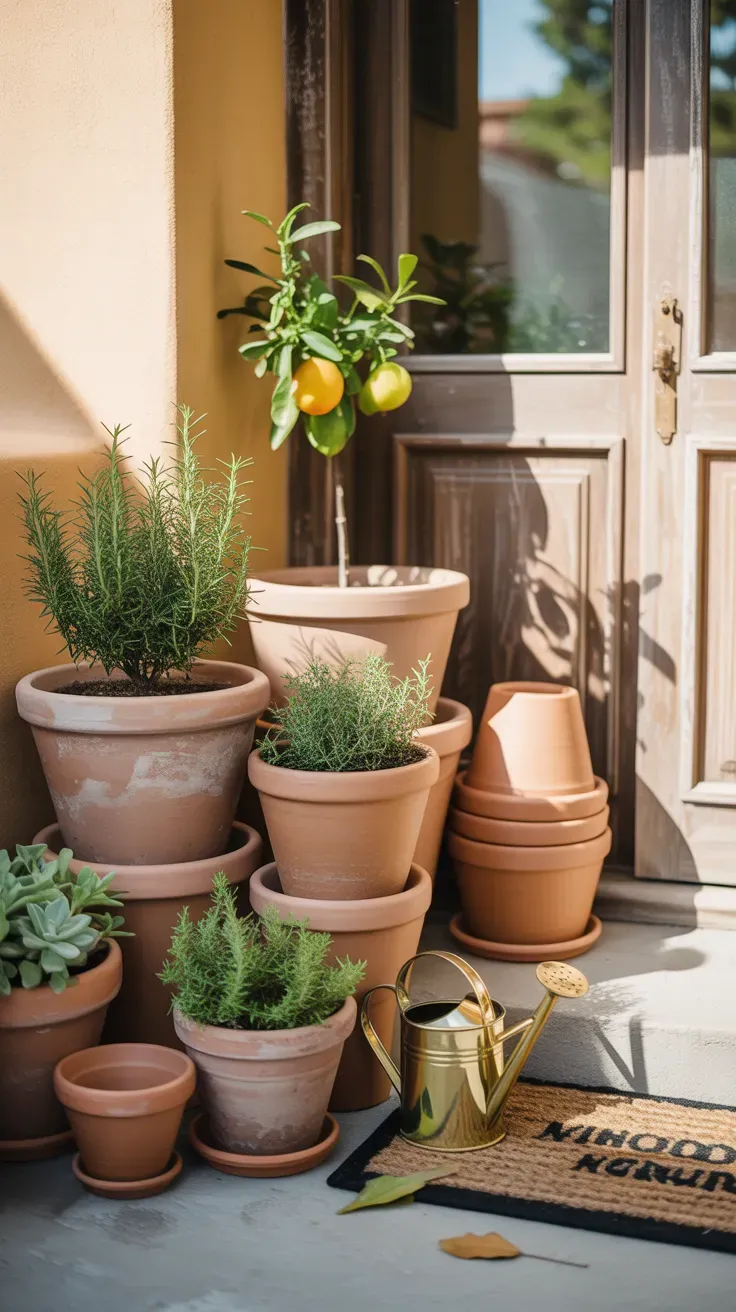 Warm-toned natural stone pavers forming a pathway through a Mediterranean-style front yard
