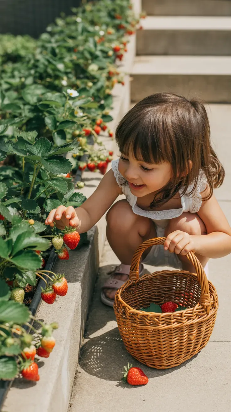 Strawberry plants with ripe fruit growing along edible engaging staircase edge for kids