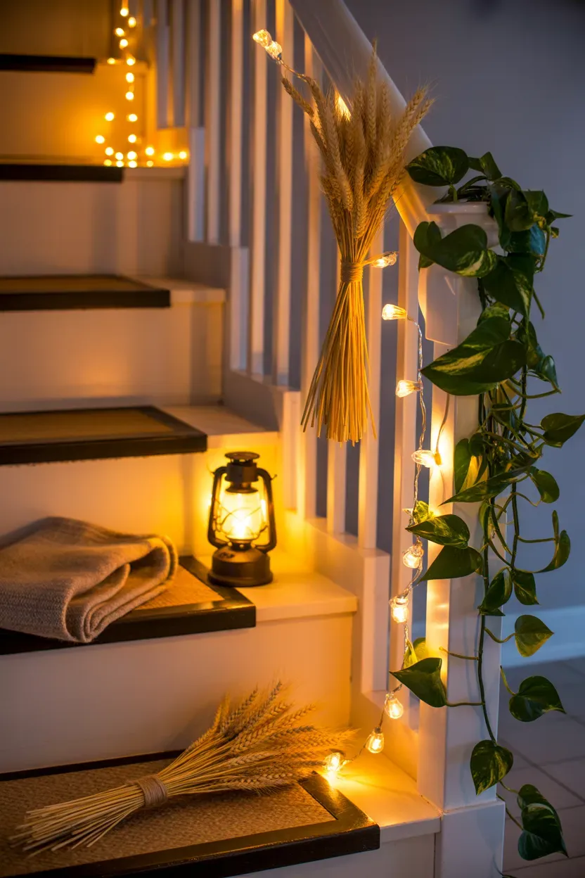 Warm string lights woven with dried wheat bundles and trailing pothos on a farmhouse staircase