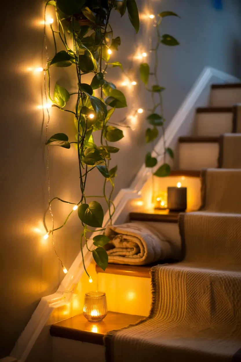 Warm string lights woven through trailing pothos vines on a staircase at evening