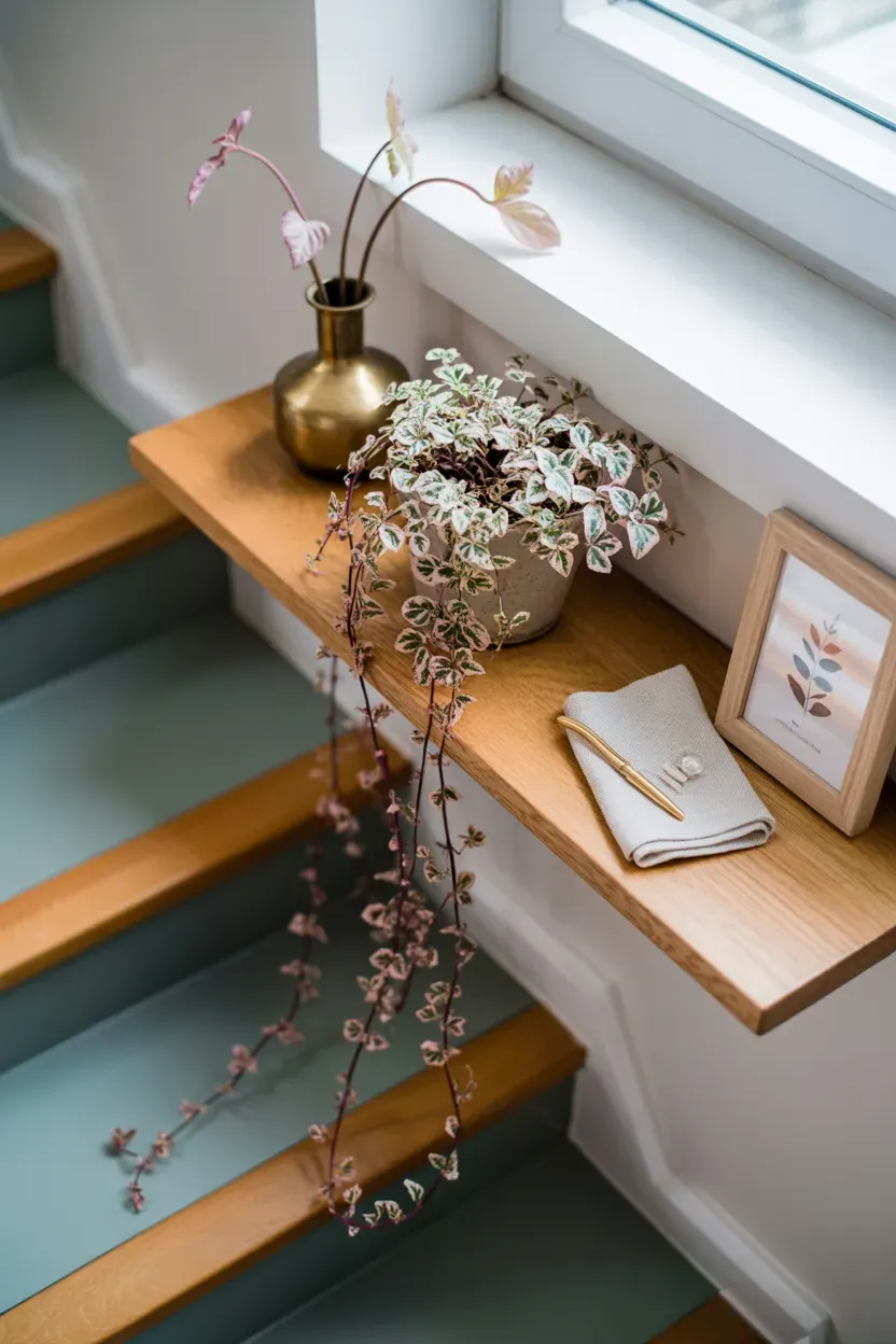 String of hearts plant trailing from a narrow floating shelf on a staircase wall