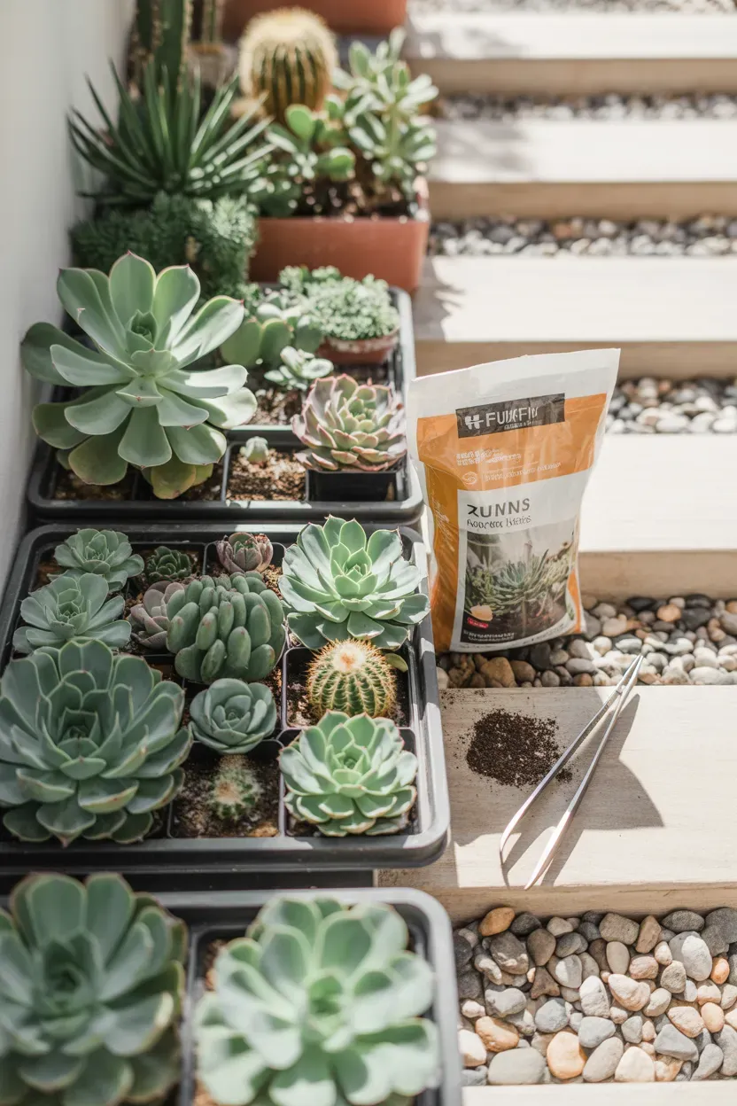 Shallow trays of assorted succulents arranged along sunny drought-tolerant staircase