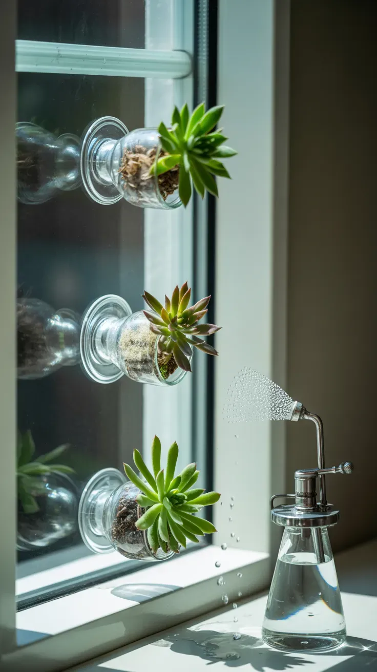 Small succulents in suction cup planters attached to a rental staircase window