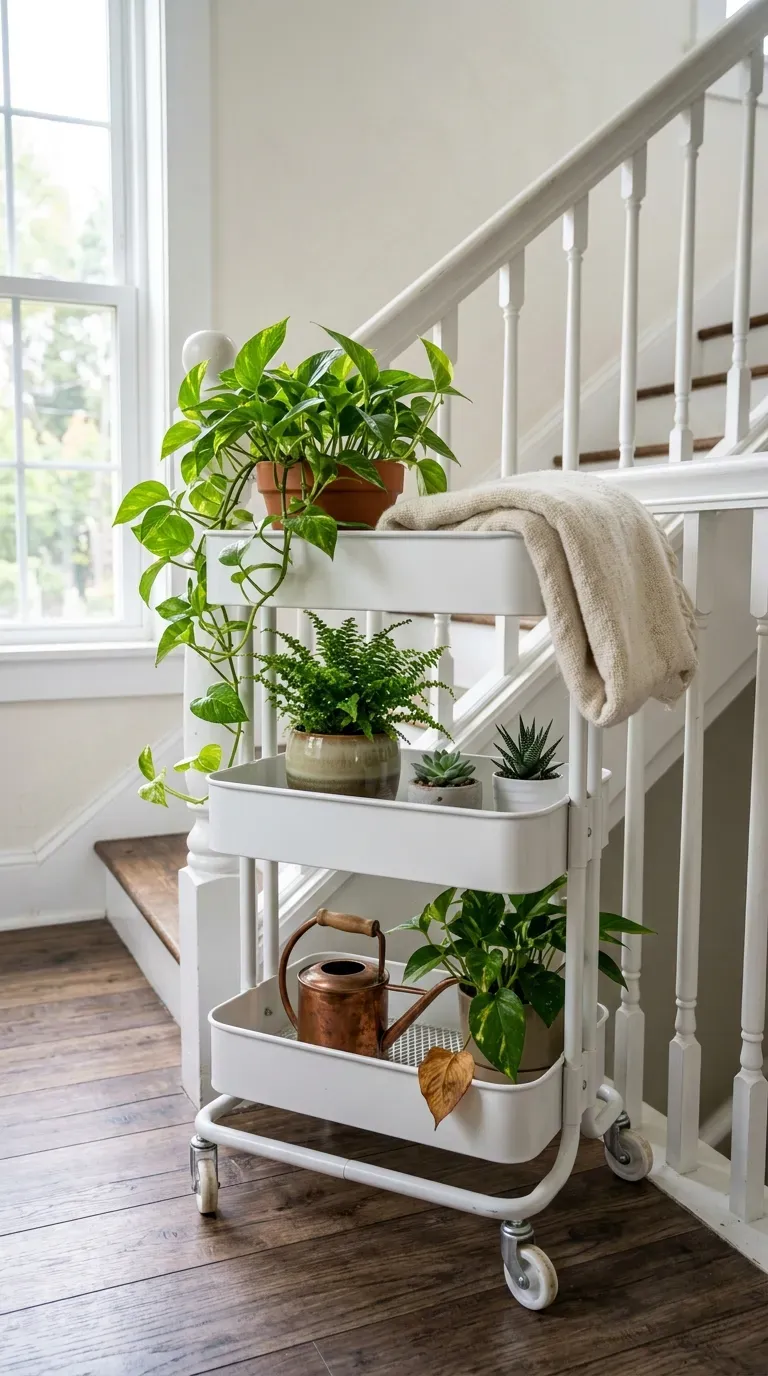 Small succulents in suction cup planters attached to a staircase window