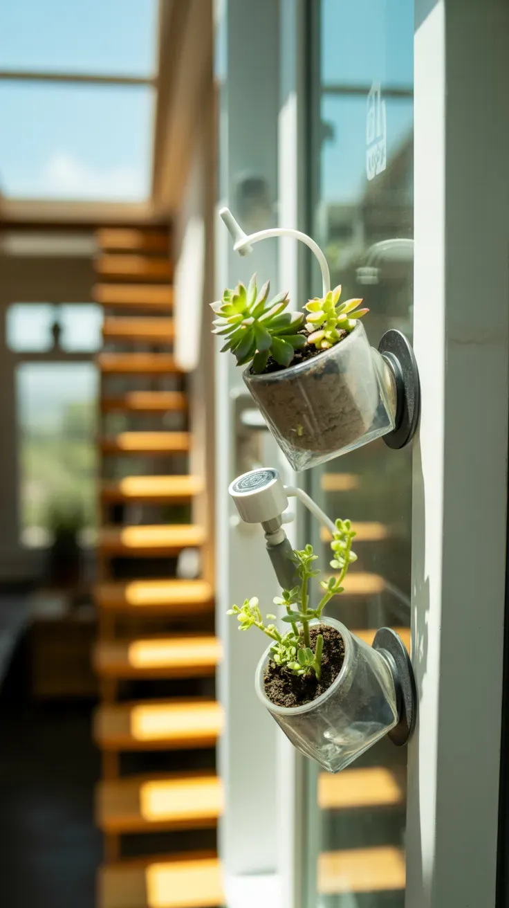 Small suction cup pots attached to window beside sunny tiny home staircase