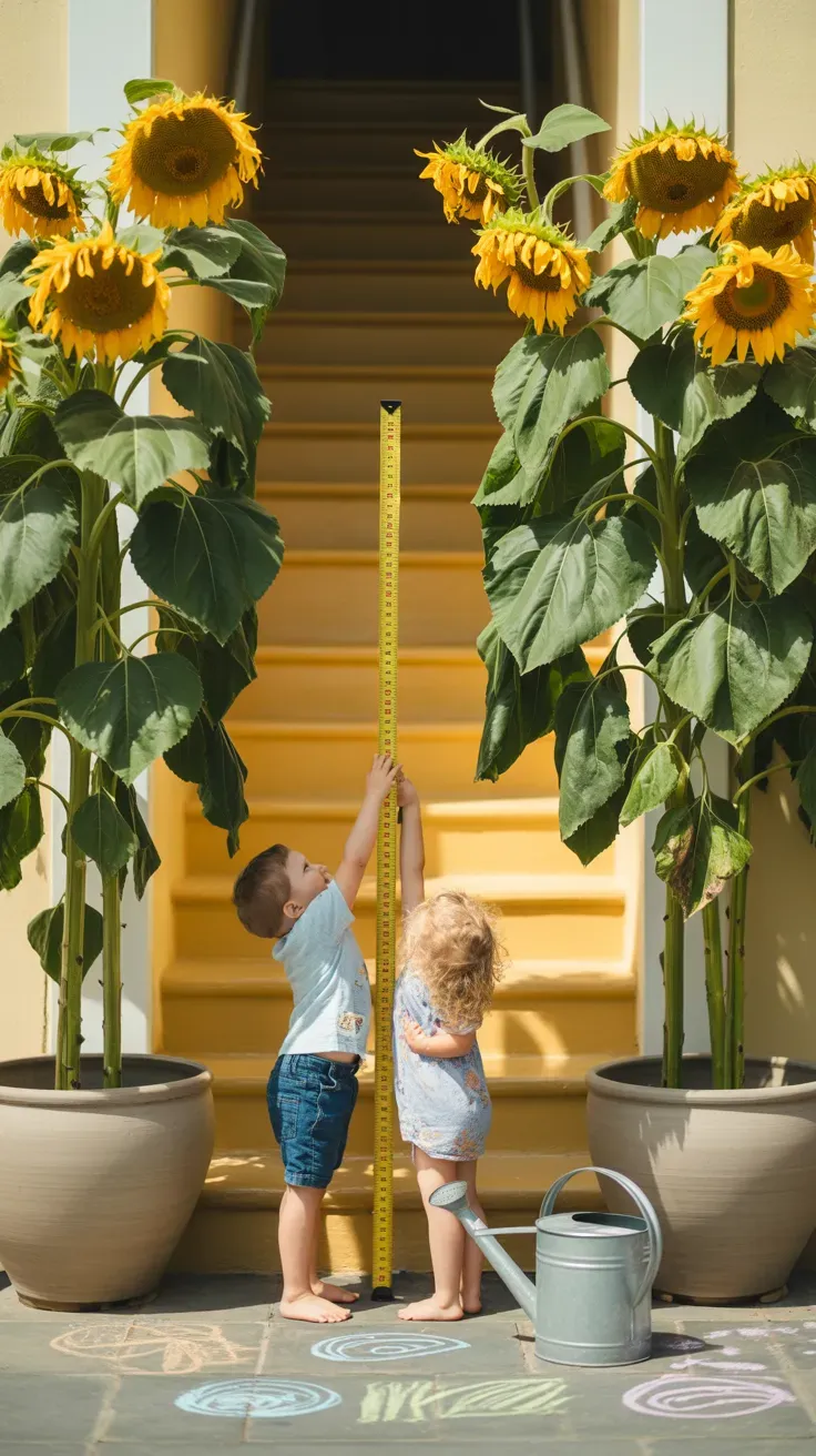 Matching sunflowers in heavy ceramic pots flanking bold worry-free kid-safe staircase