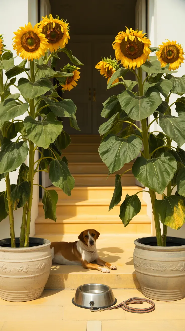 Matching sunflowers in heavy ceramic pots flanking bold worry-free dog-safe staircase