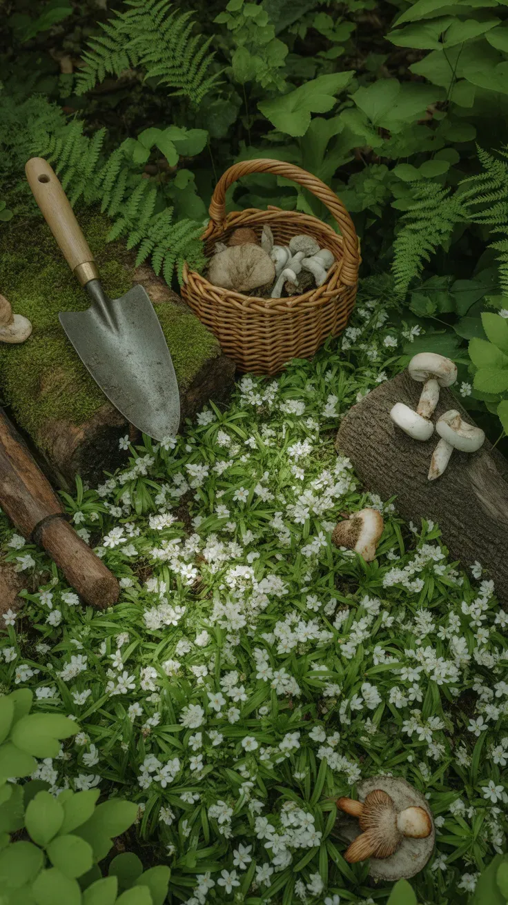 Sweet woodruff with tiny white star flowers carpeting shaded woodland garden floor