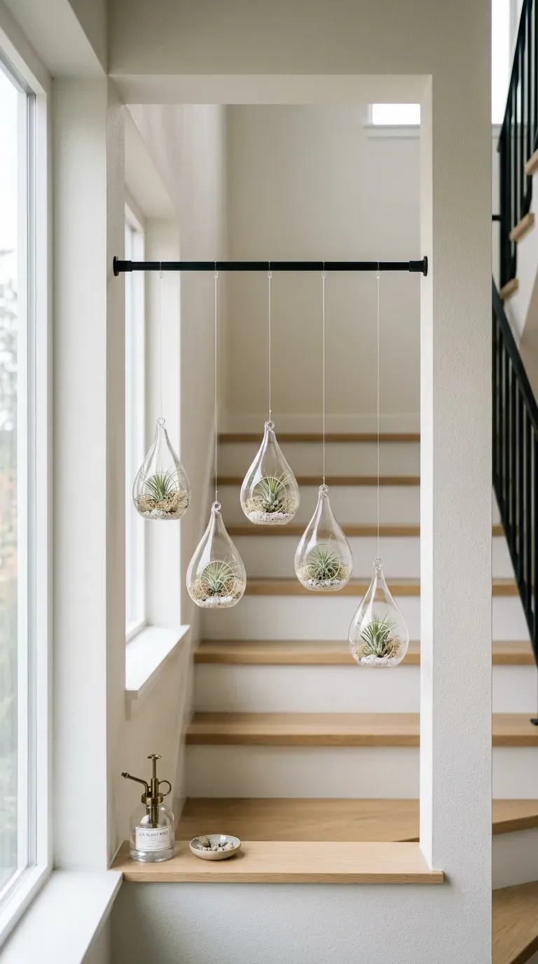 Air plants in glass teardrops hung from a tension rod creating a curtain effect on a staircase