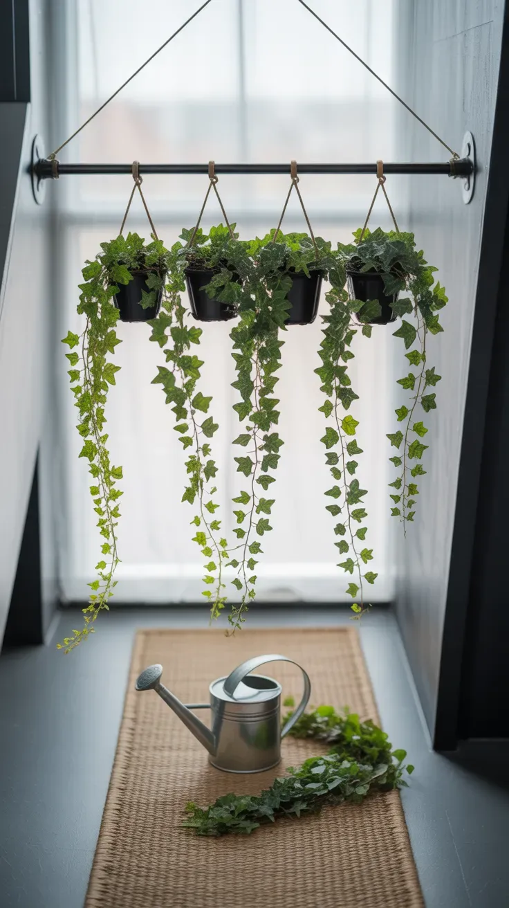 Trailing ivy plants hung from a tension rod creating a curtain effect on a rental staircase