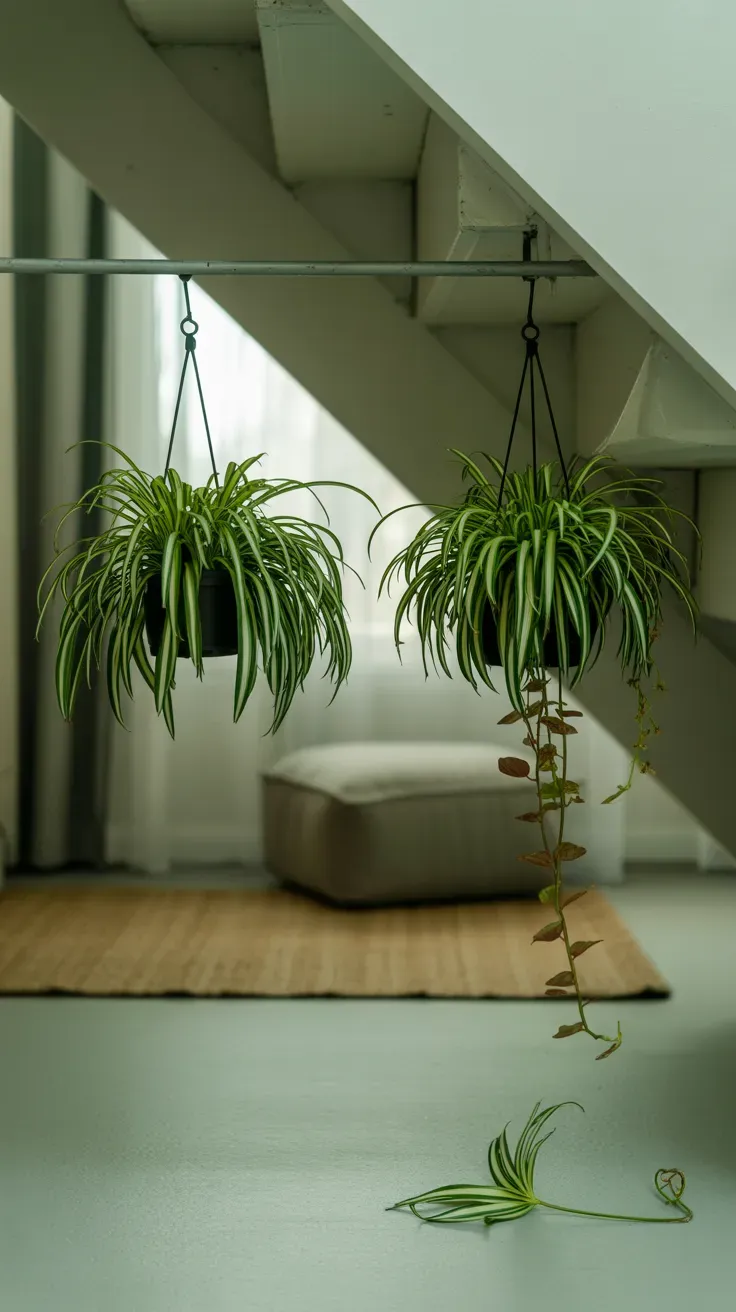 Trailing spider plant hung from a tension rod creating a curtain effect under a rental staircase