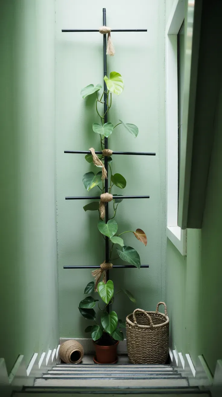 Climbing philodendron trained up a tension rod trellis in a rental staircase alcove