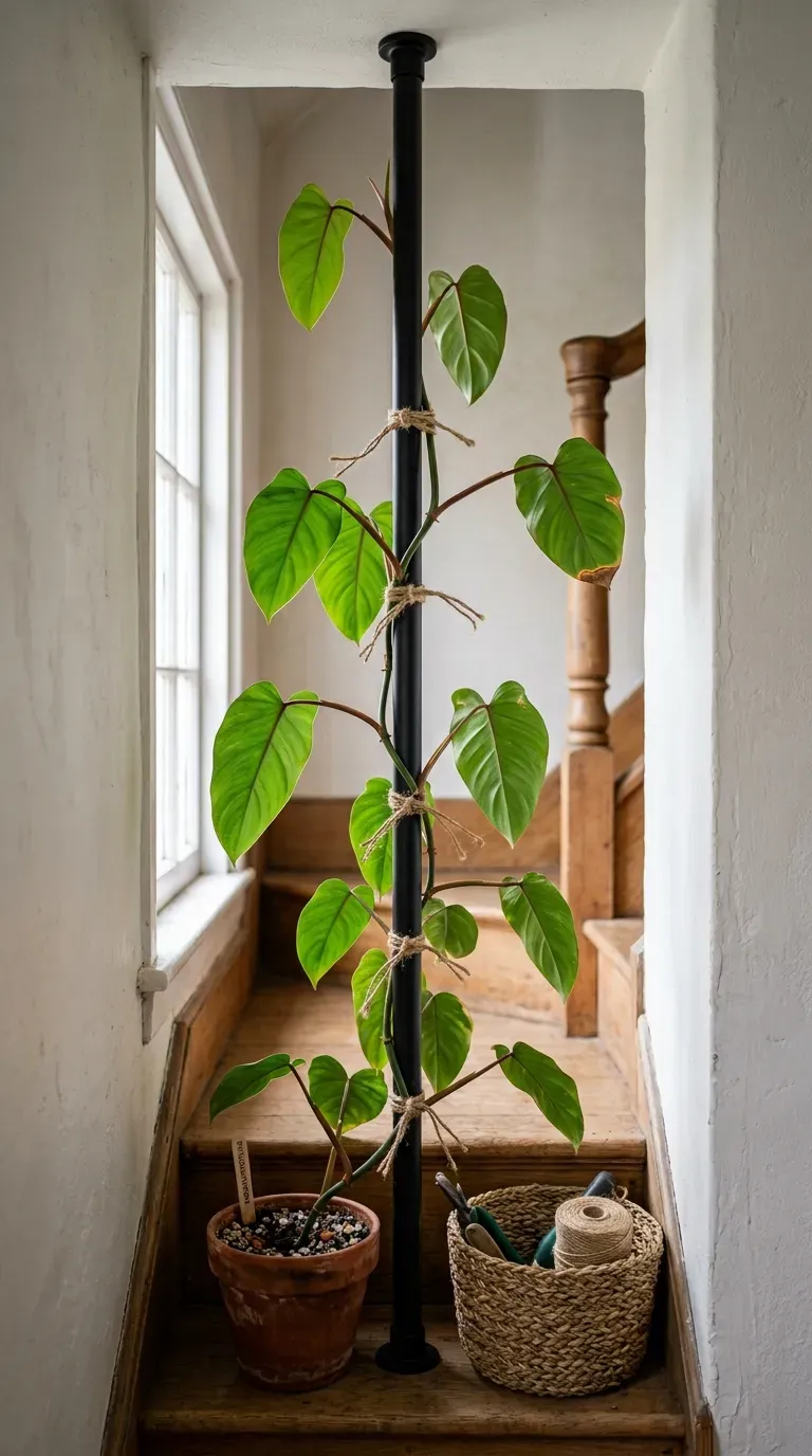 Climbing philodendron trained up a tension rod trellis in a staircase alcove