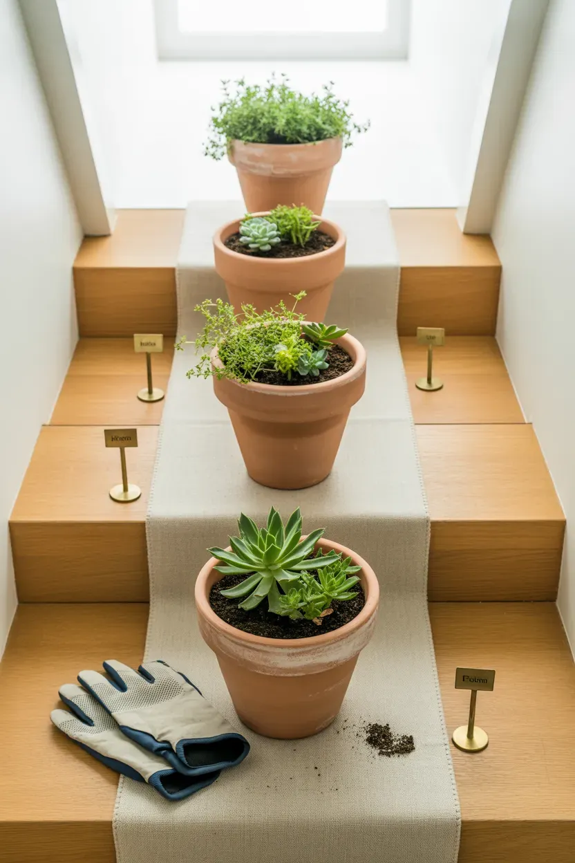 Small terracotta pots with succulents arranged in groups of three on staircase steps