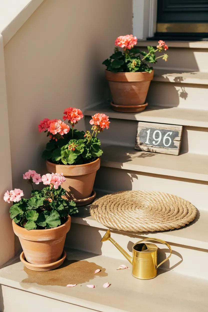 Three matching terracotta pots with flowering plants lining sunny front staircase