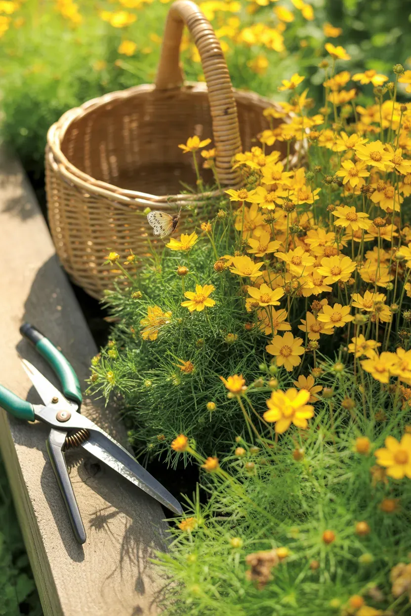 Threadleaf coreopsis with fine golden blooms covering sunny garden border in summer
