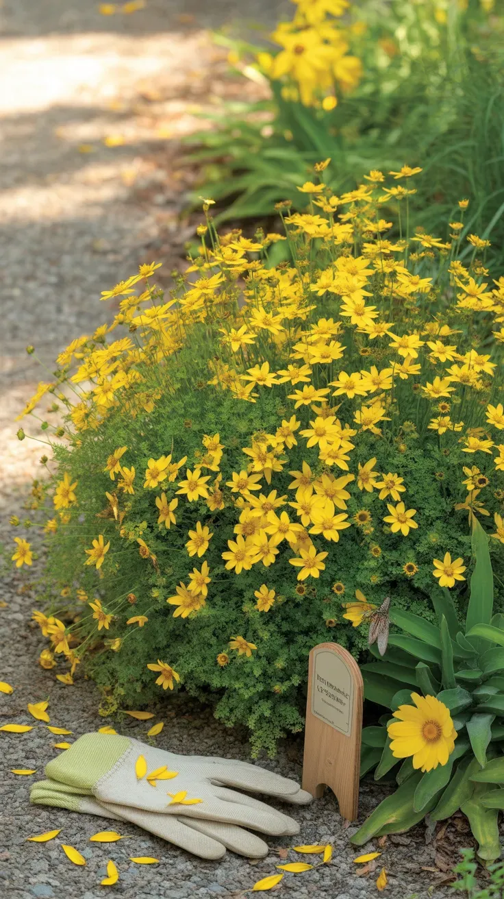 Bright yellow threadleaf coreopsis flowers with feathery foliage in a summer garden bed