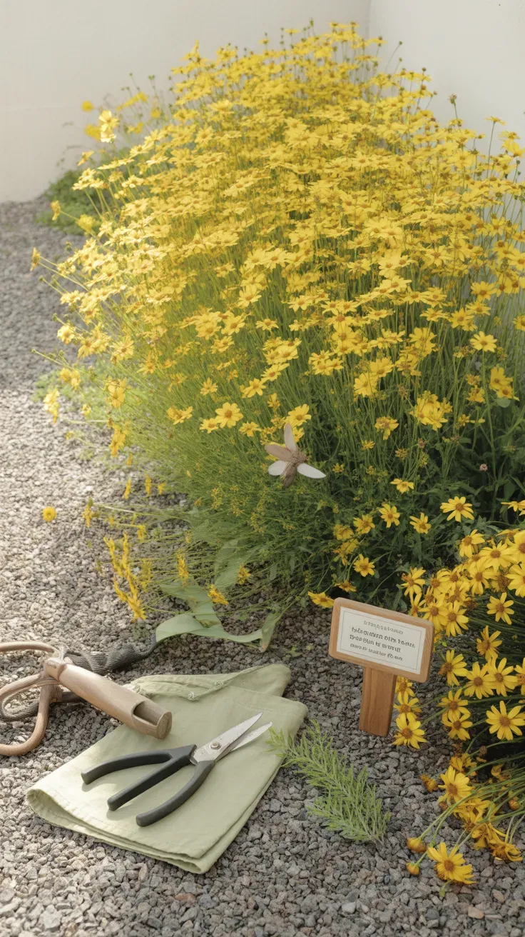 A haze of small yellow coreopsis flowers growing along a lean gravel garden border