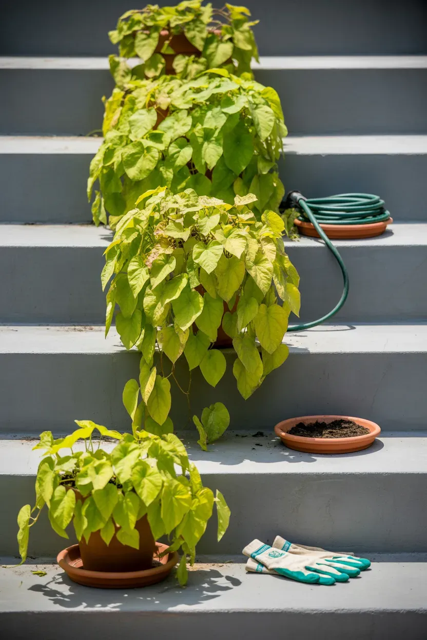 Rustic tin buckets planted with flowers lining weathered wooden staircase steps