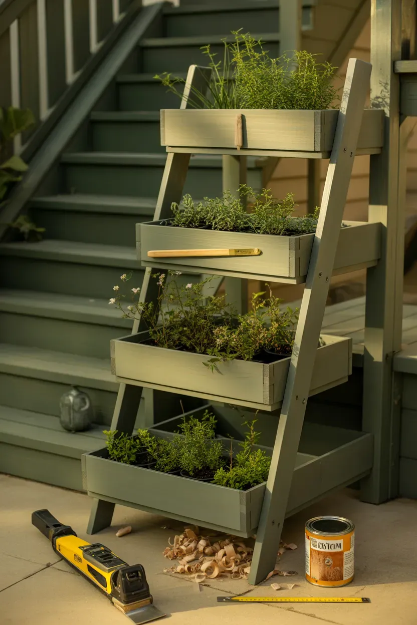 DIY tiered wooden ladder planter with multiple plant levels beside garden staircase