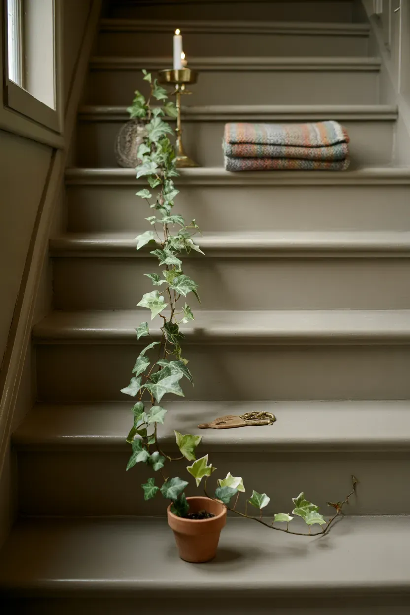 Tiered wooden plant shelf holding a mixed collection of trailing and upright houseplants beside a staircase
