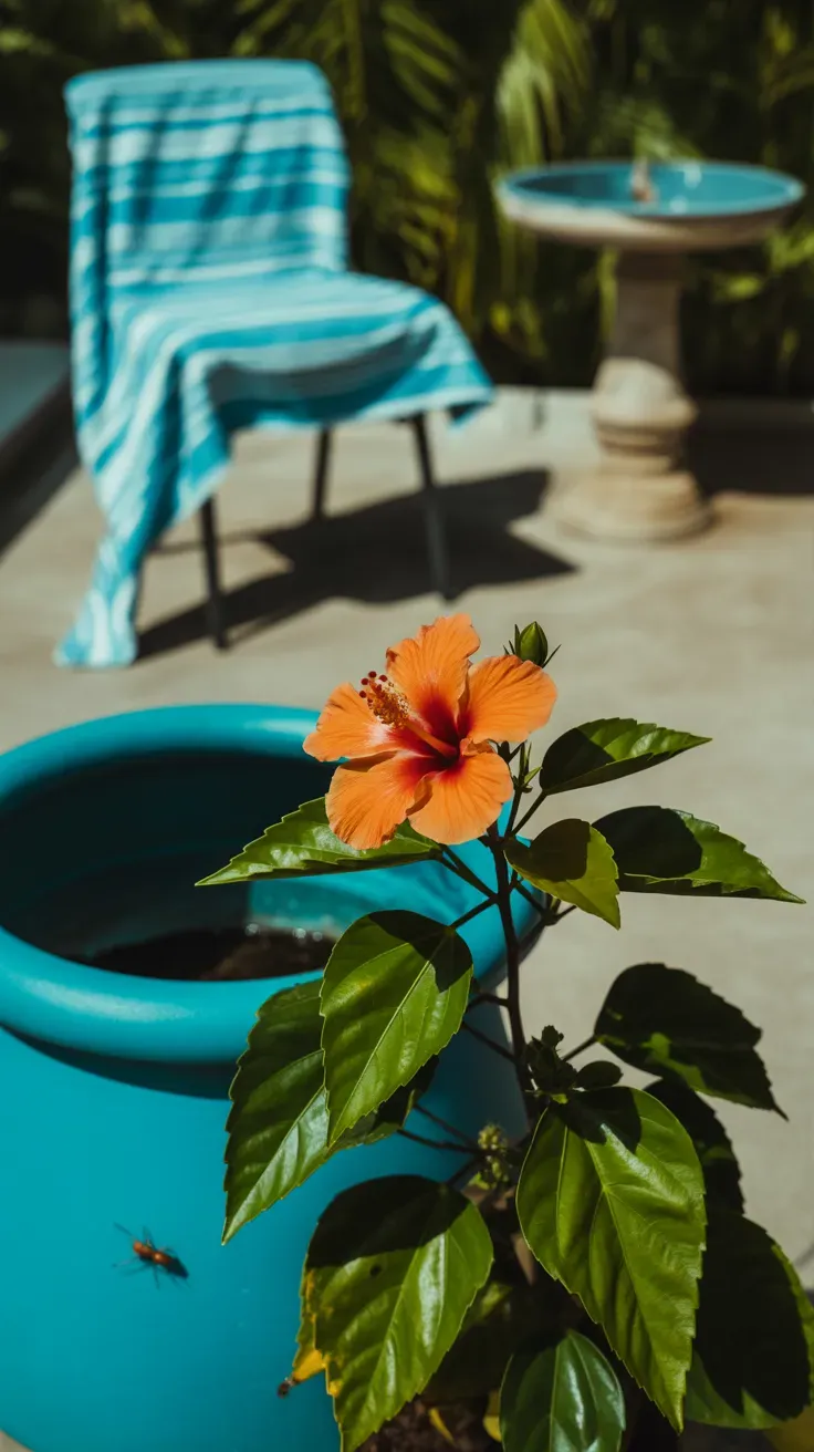 Large orange tropical hibiscus flower open in bright sun beside glossy green leaves