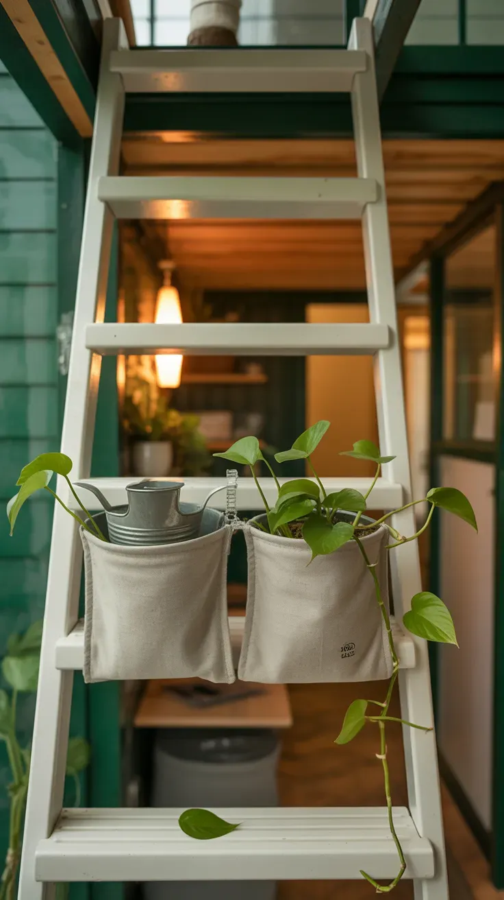 Small fabric hanging pockets attached beneath open tread ladder stairs in tiny home