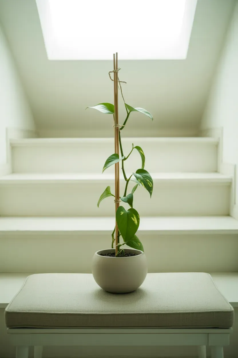 Pothos trained upright on a slim stake in a matte white pot on a staircase landing