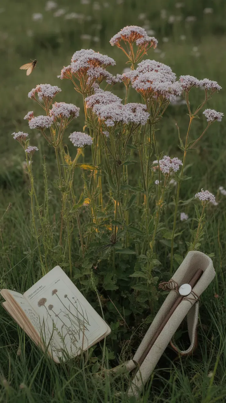 Wild valerian with clusters of small pink-white blooms growing in damp meadow setting