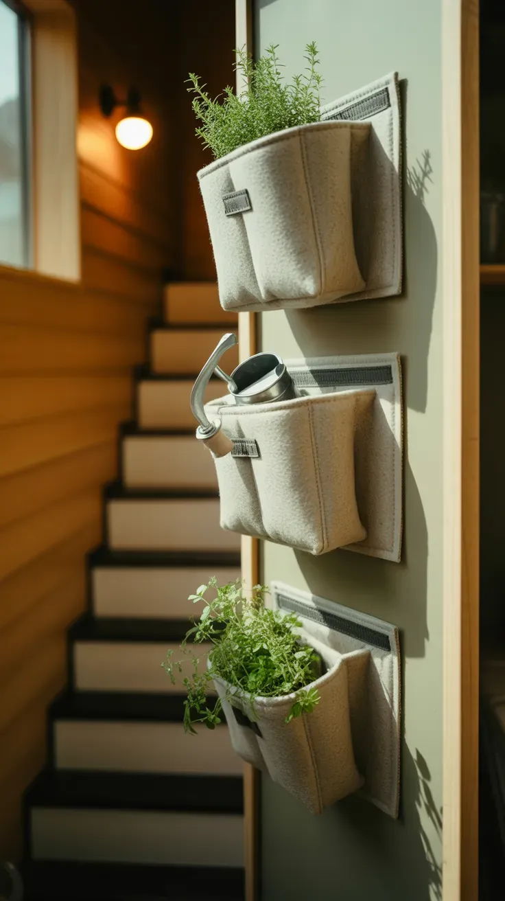 Velcro-mounted fabric pockets with herbs on wall beside tiny home staircase