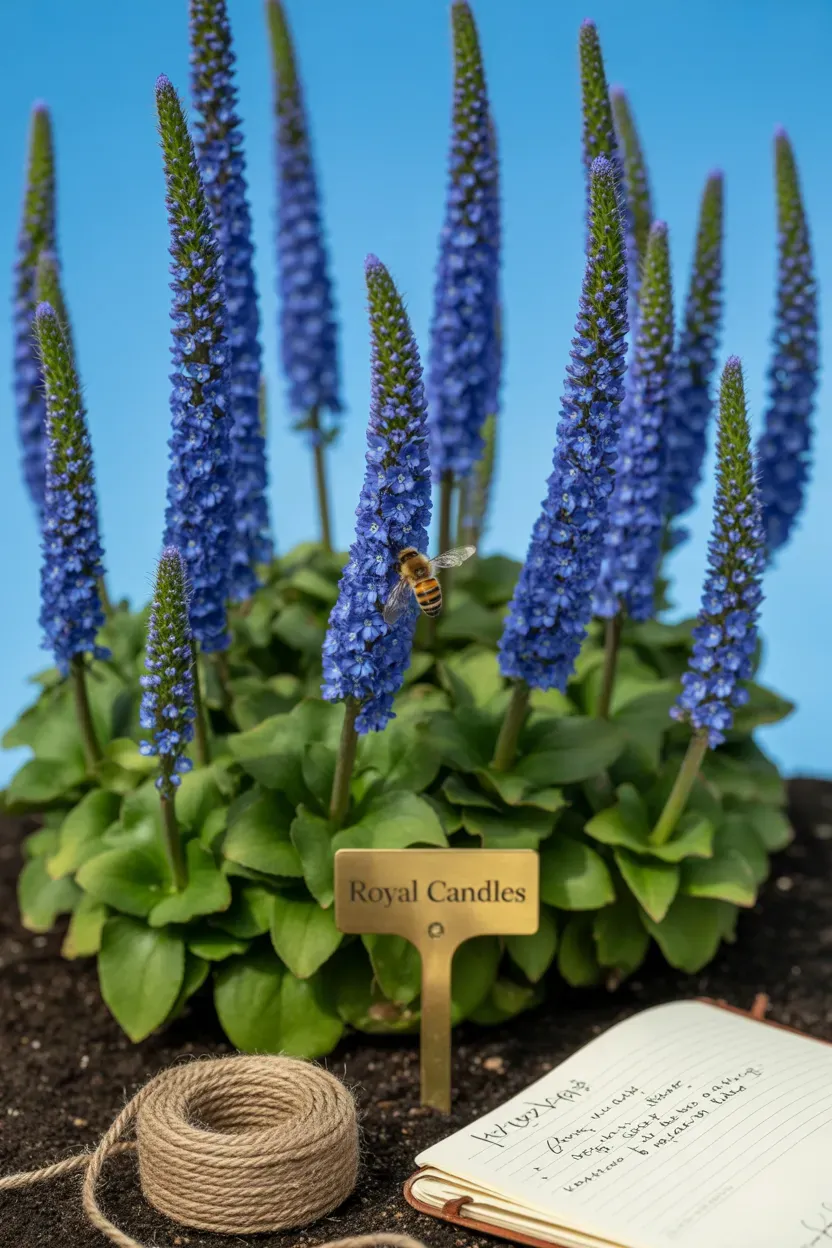 Veronica royal candles with upright blue flower spikes in middle of sunny garden border