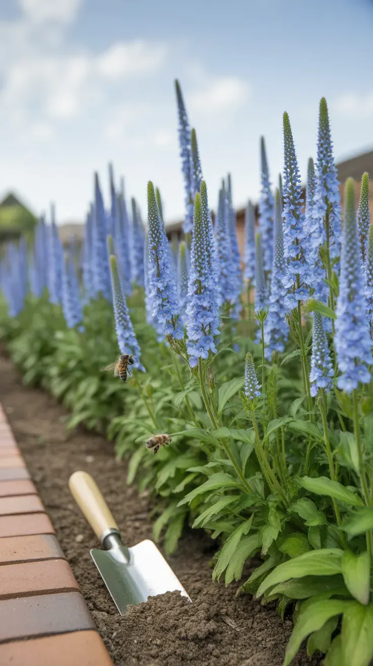 Blue veronica flower spikes standing upright in a compact sunny garden border
