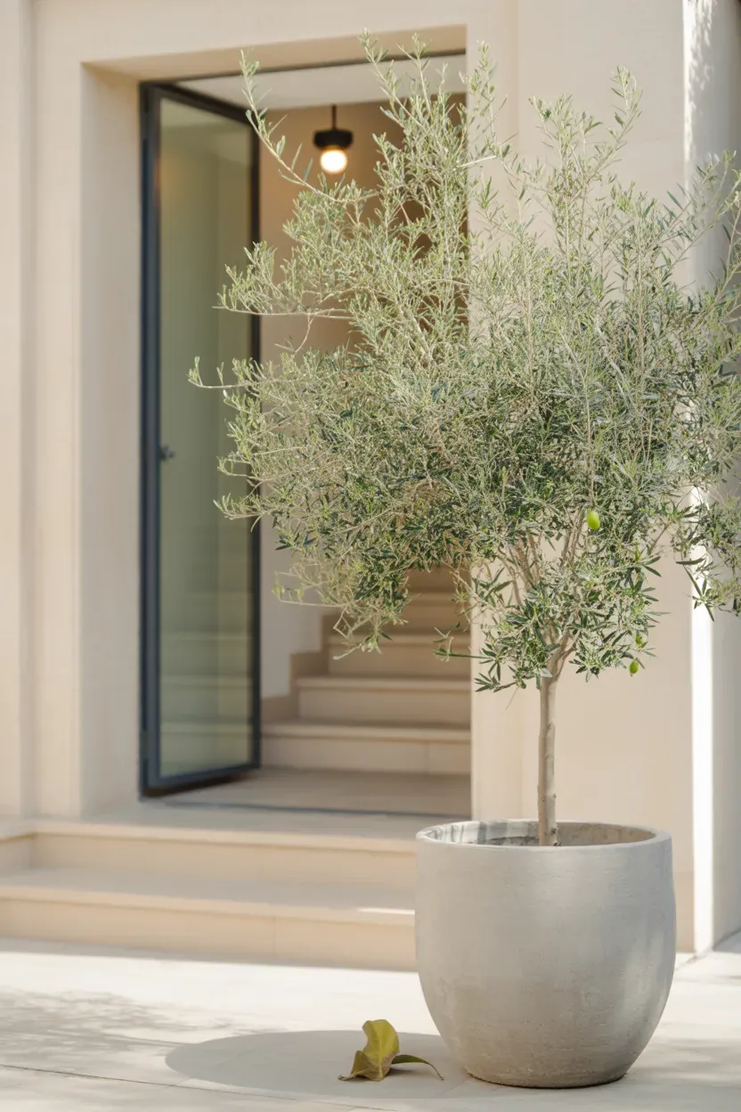 Modular vertical living wall panel with dense foliage beside modern staircase