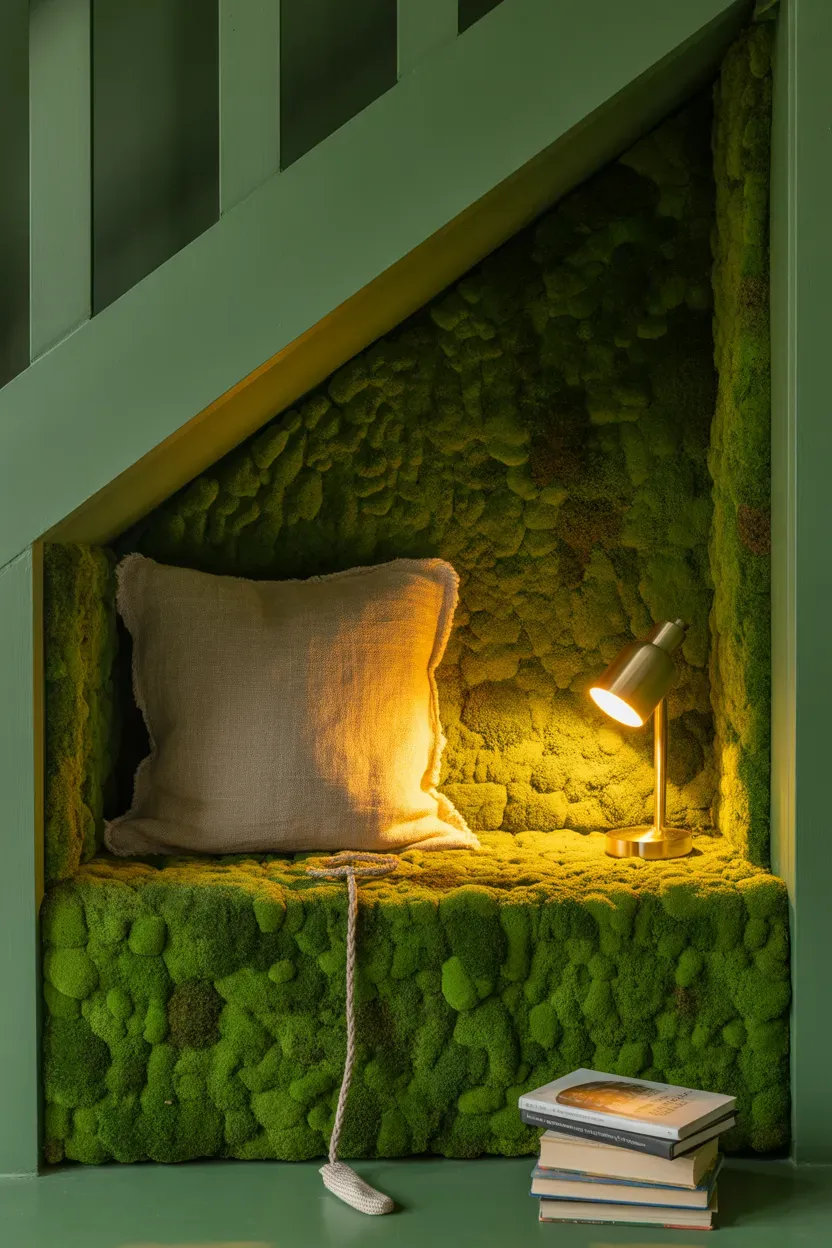Preserved moss wall panel installed behind a staircase in a cozy reading nook