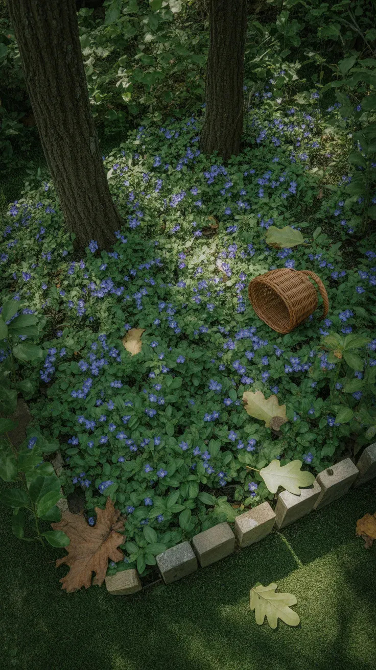 Vinca minor with small purple flowers spreading across shaded woodland garden bed