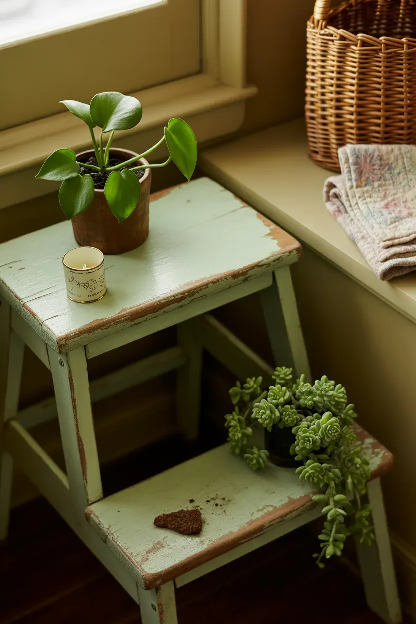 Vintage wooden step stool displaying small potted plants beside a farmhouse staircase