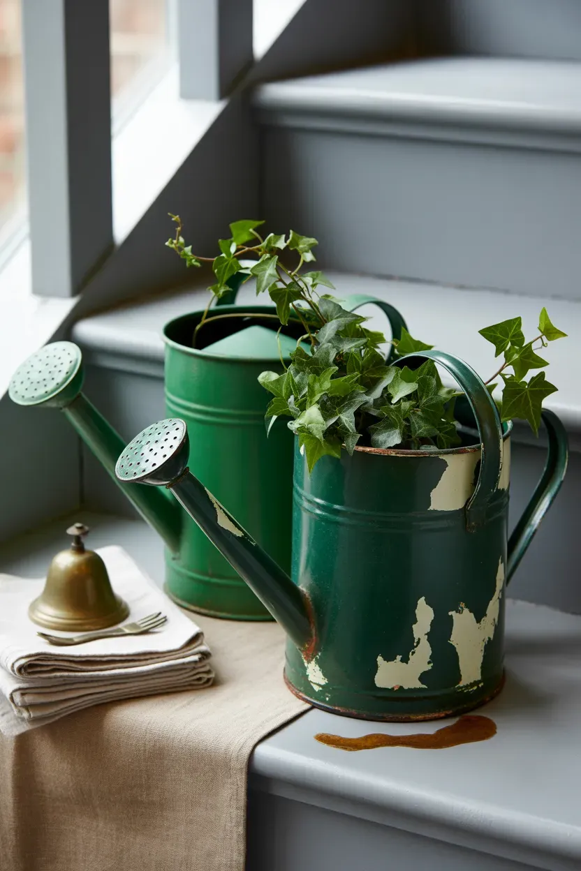 Vintage enamel watering cans repurposed as planters holding ivy on a farmhouse staircase step