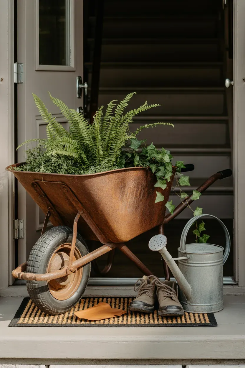 Vintage metal wheelbarrow filled with ferns and trailing ivy at the base of a farmhouse staircase