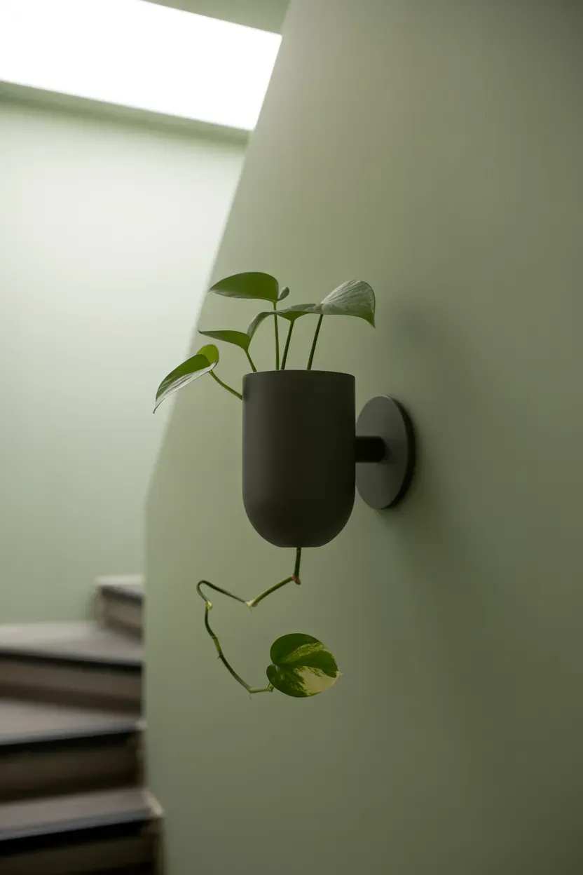 Small pothos plant in a minimalist wall-mounted sconce planter on a staircase wall