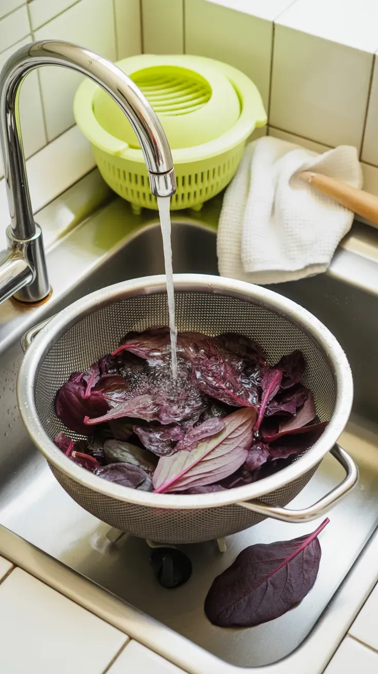 Wild violet leaves being rinsed in a colander under running kitchen water