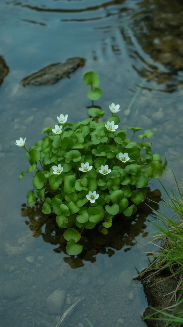 Watercress growing in clear flowing stream water with small white flowers
