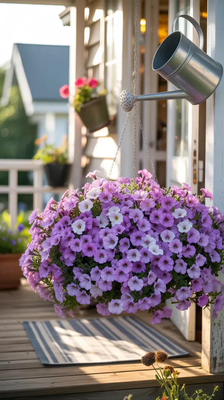 Purple wave petunias cascading from a hanging basket in full summer bloom