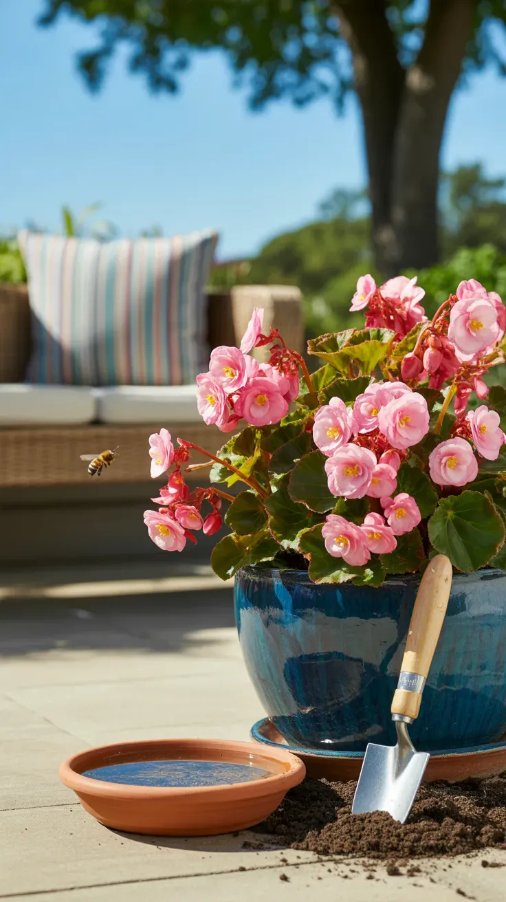 Pink wax begonias spilling over the edge of a container on a sunny patio