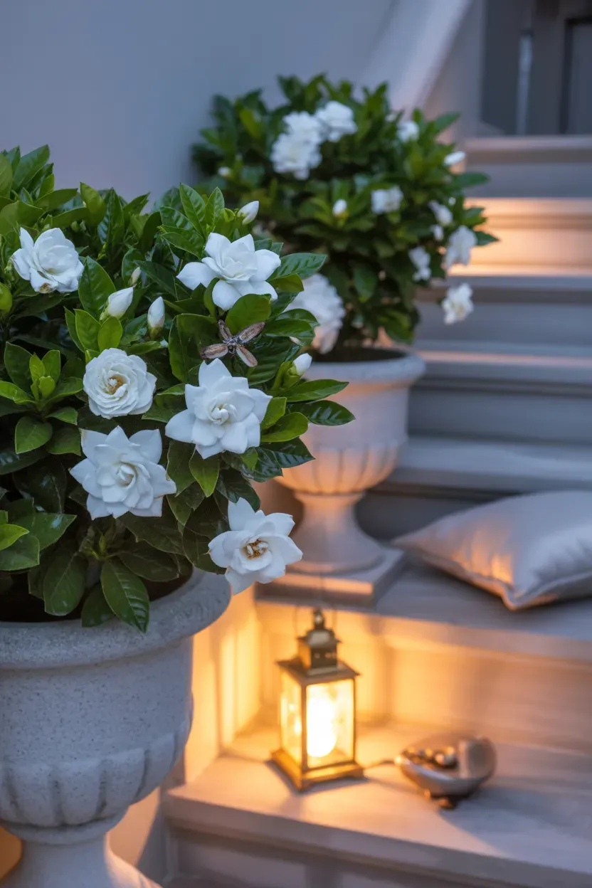 Weathered copper planters with verdigris patina holding ferns beside luxury garden staircase