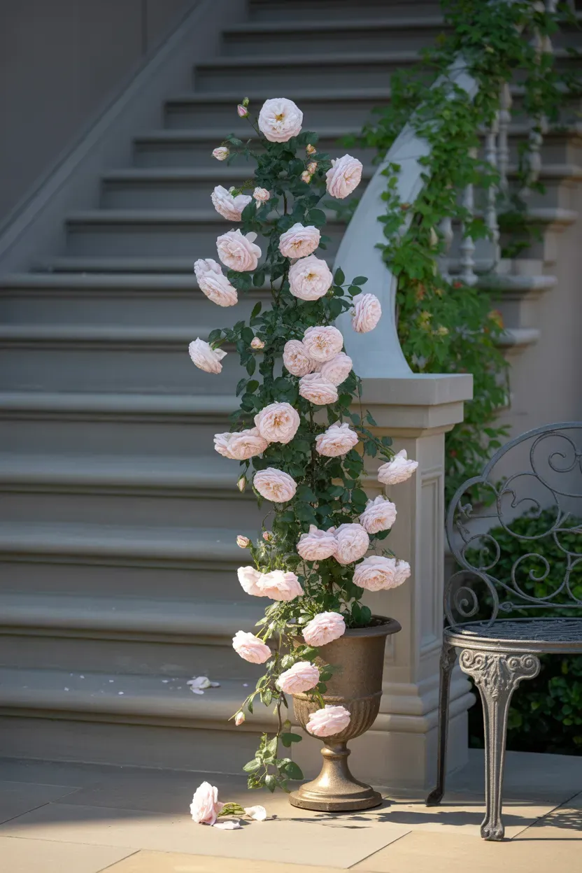Weeping standard rose with cascading blooms in lead-look urn beside luxury staircase