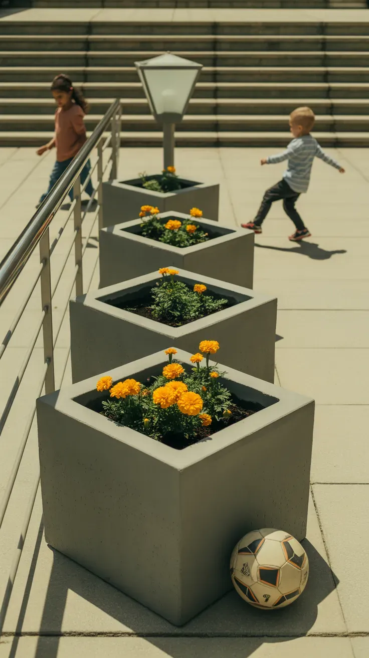 Square concrete cube planters resistant to tipping beside kid-safe garden staircase
