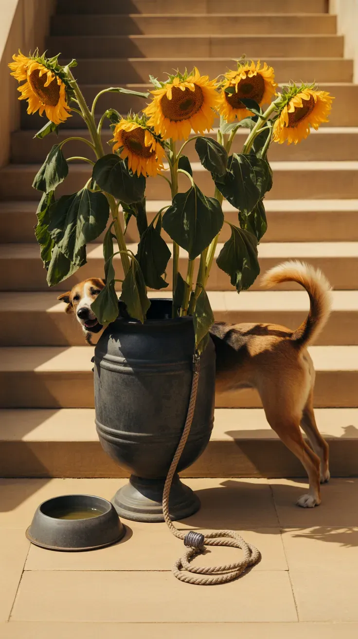 Sunflowers in heavy weighted metal urn resistant to tipping on dog-safe garden staircase