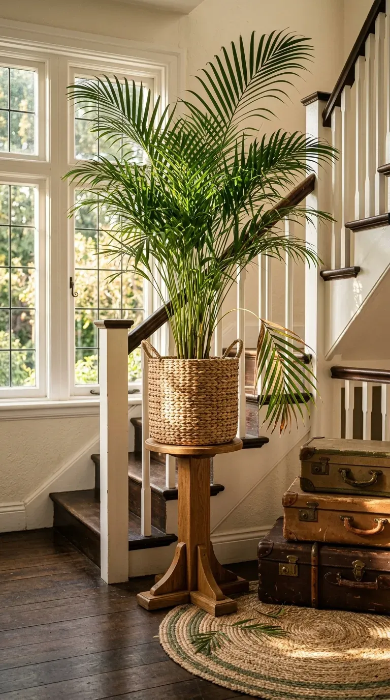 Areca palm on a weighted freestanding plant stand on a staircase landing