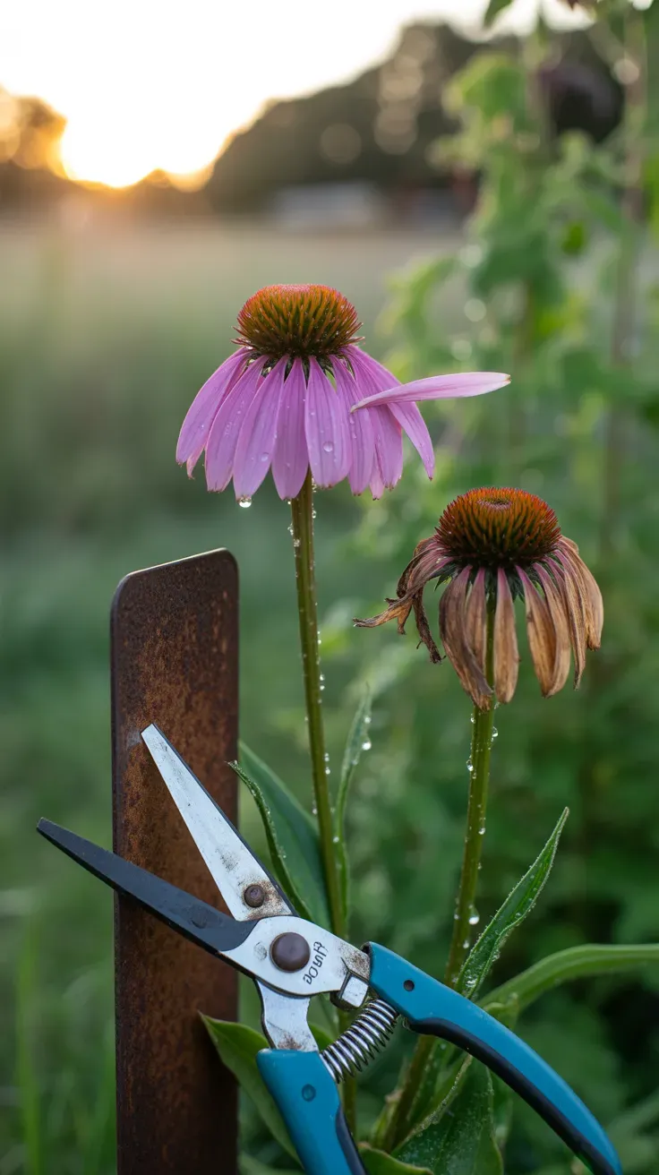Close-up of a browning coneflower cone next to a fresh purple bloom in morning light