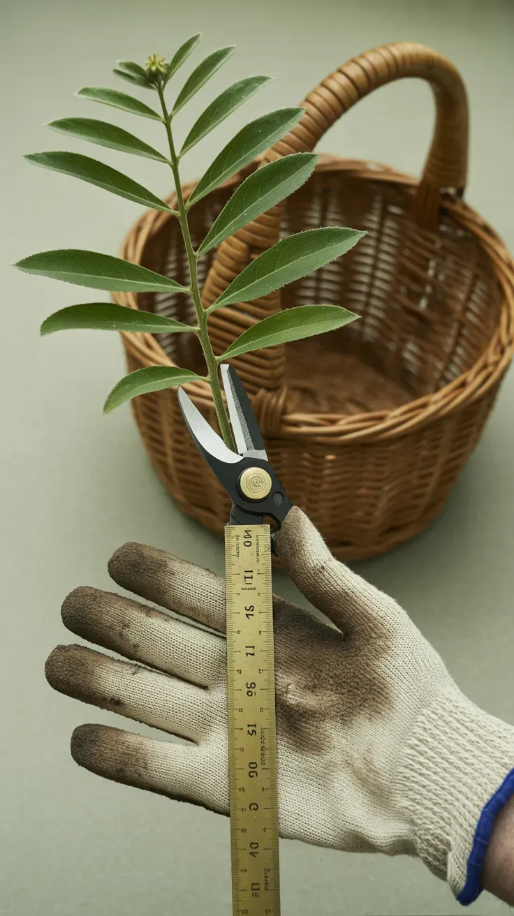 Diagram-style photo of pruner blades positioned above a leaf node on a coneflower stem